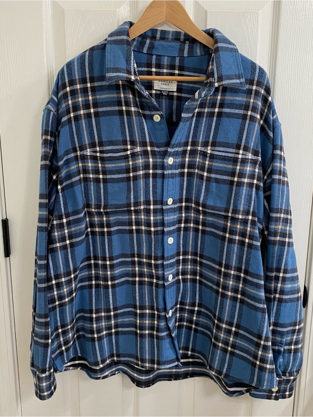 American Eagle Men’s XL Blue Plaid Heavyweight Flannel Shirt Relaxed Fit Cotton